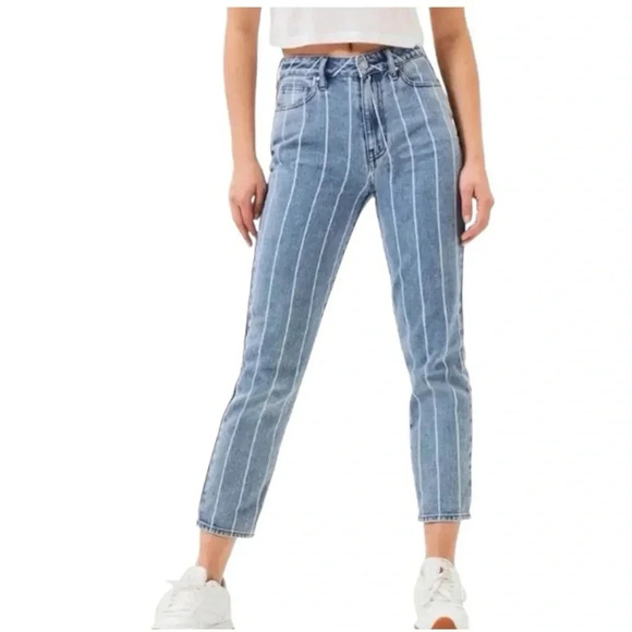 PACSUN Window Pane Striped High Rise Mom Jeans Straight Leg Cotton Denim Size 26 - Picture 2 of 10